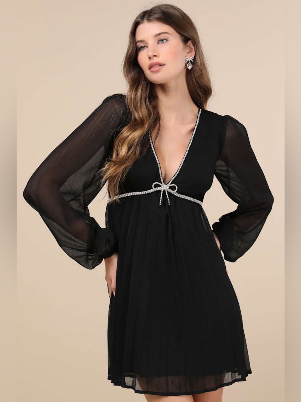 Lulus Stylish Shine Black Rhinestone Bow Long Sleeve Mini Dress Size small